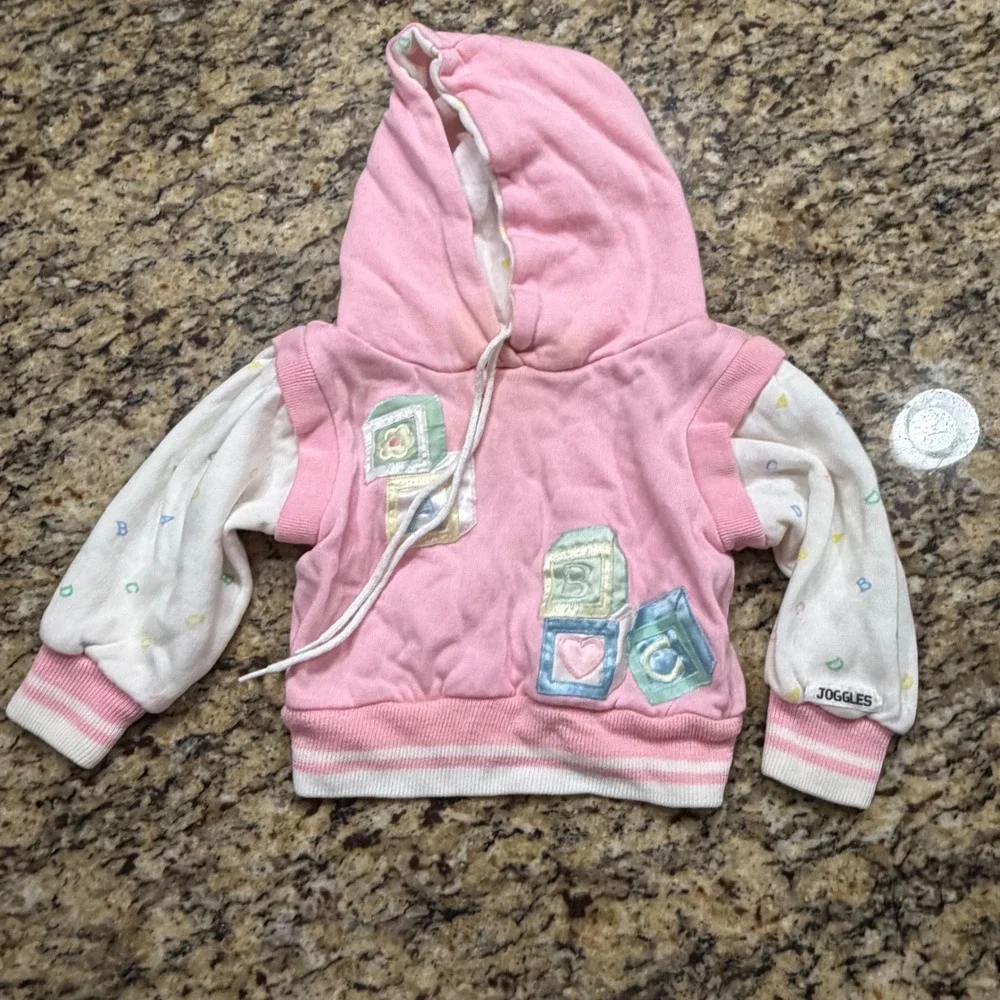 Vintage Joggles Baby Girl‎ Alphabet Blocks Hoodie Pink White 12 Months 80s 90s